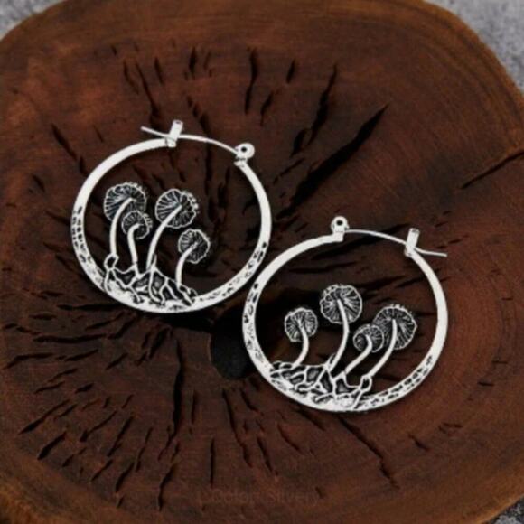 Mushroom themed silver tone hoop earrings - Picture 1 of 3